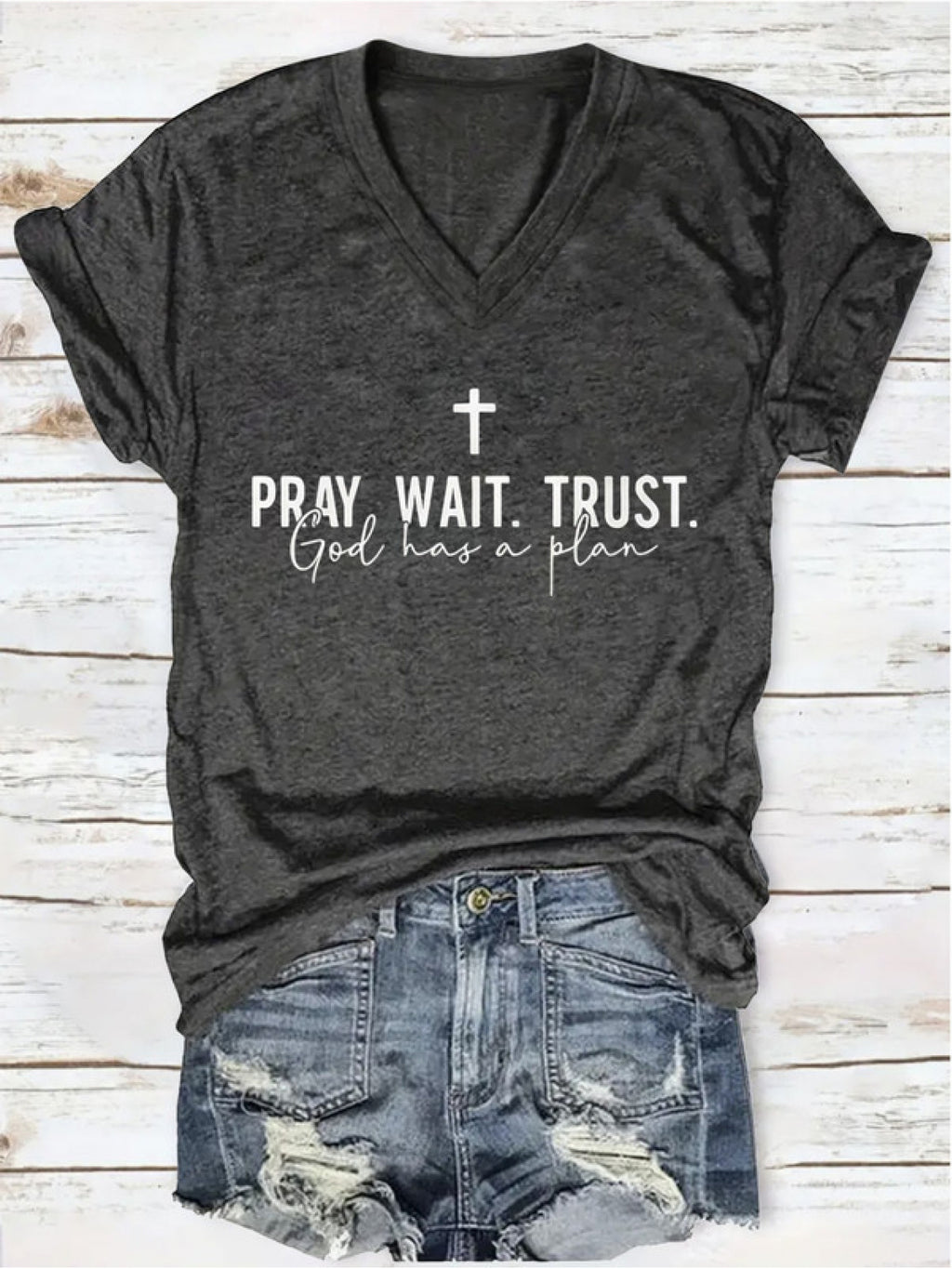 Faith Slogan V-Neck Tee Women Pray Wait Trust Print Short Sleeve 180gsm Casual Spring Summer Inspirational Top S-XXL