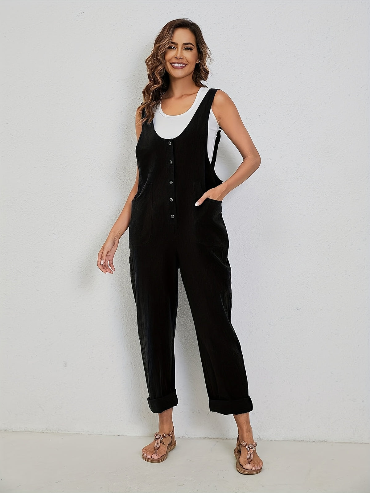 Linen Jumpsuit Women Wide Leg Casual Loose Overalls with Pockets Sleeveless Adjustable Strap Summer Palazzo Pants Romper Beige Black XS-XXL