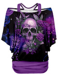 Purple Punk Skull Print Batwing Top Set Women 2pcs Loose Fit Halloween Gothic Casual Graphic Short Sleeve Stretchy S-XL