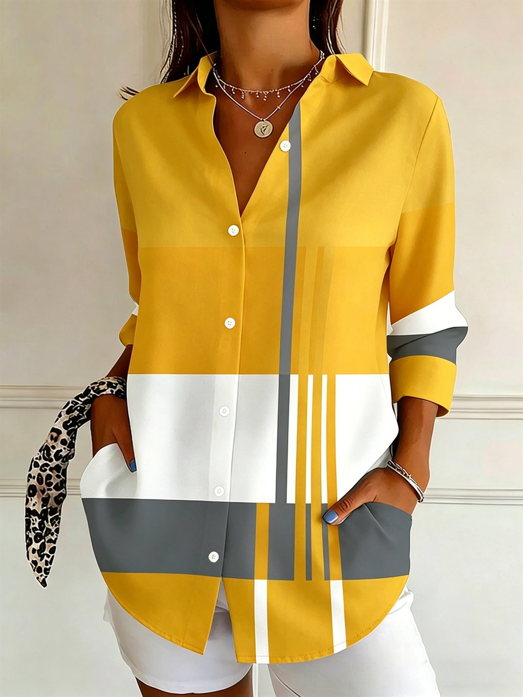 Color Block Button Blouse Long Sleeve Office Work Shirt Women Lightweight Striped Elegant Top