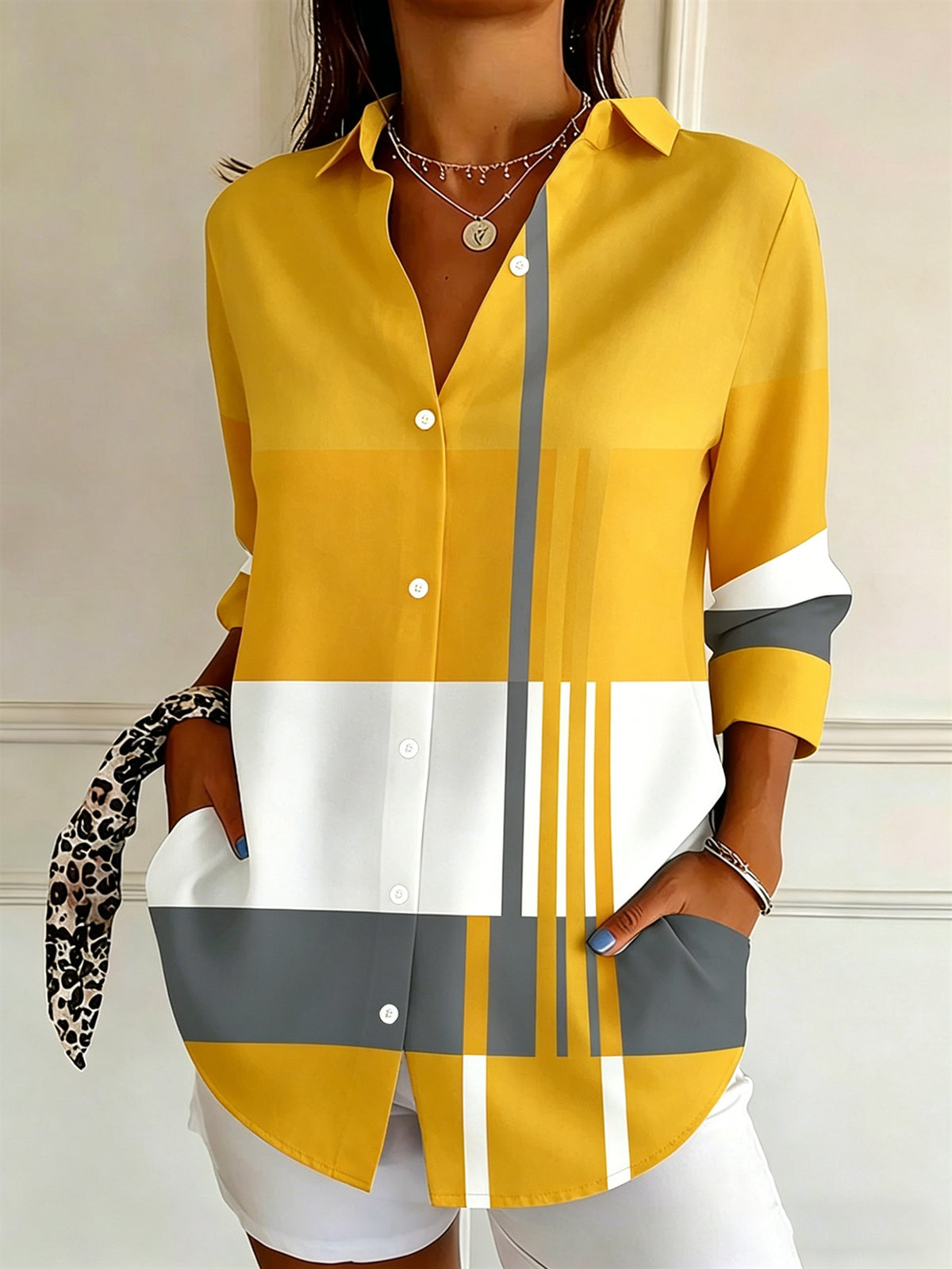 Color Block Button Blouse Long Sleeve Office Work Shirt Women Lightweight Striped Elegant Top