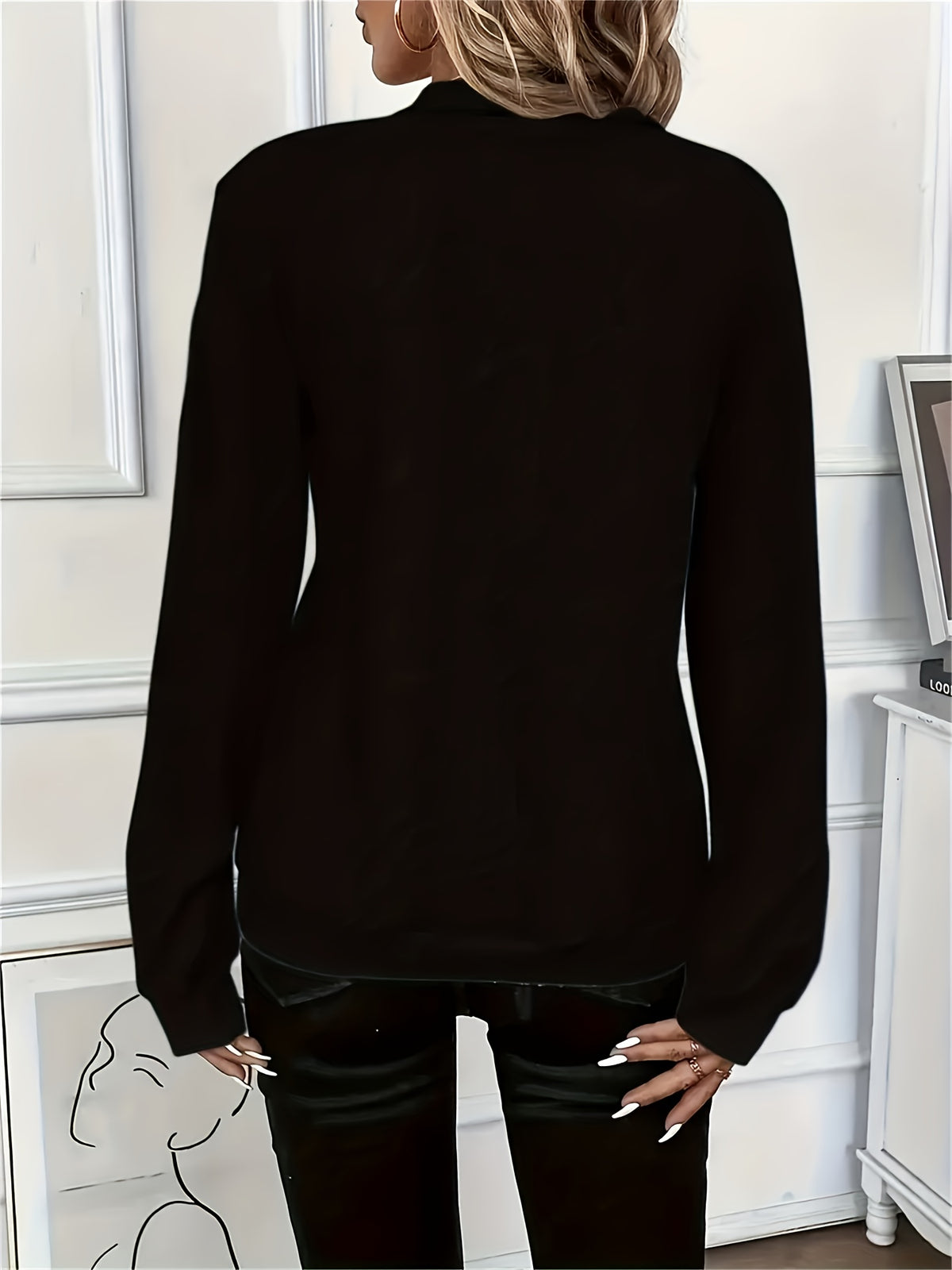 Zip Pocket Turnover Collar Sweatshirt Women Long Sleeve Solid Color Elegant Casual Fall Winter Pullover Top