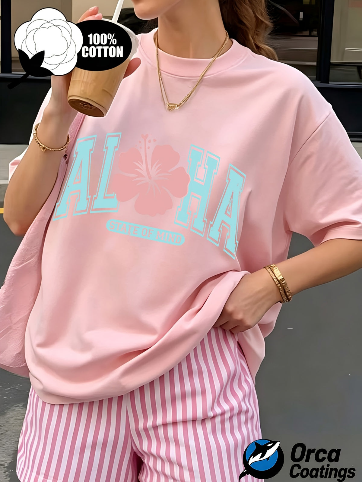 Women's Aloha Hibiscus Graphic Print T-Shirt 100% Cotton Crew Neck Short Sleeve Summer Beach Casual Tee