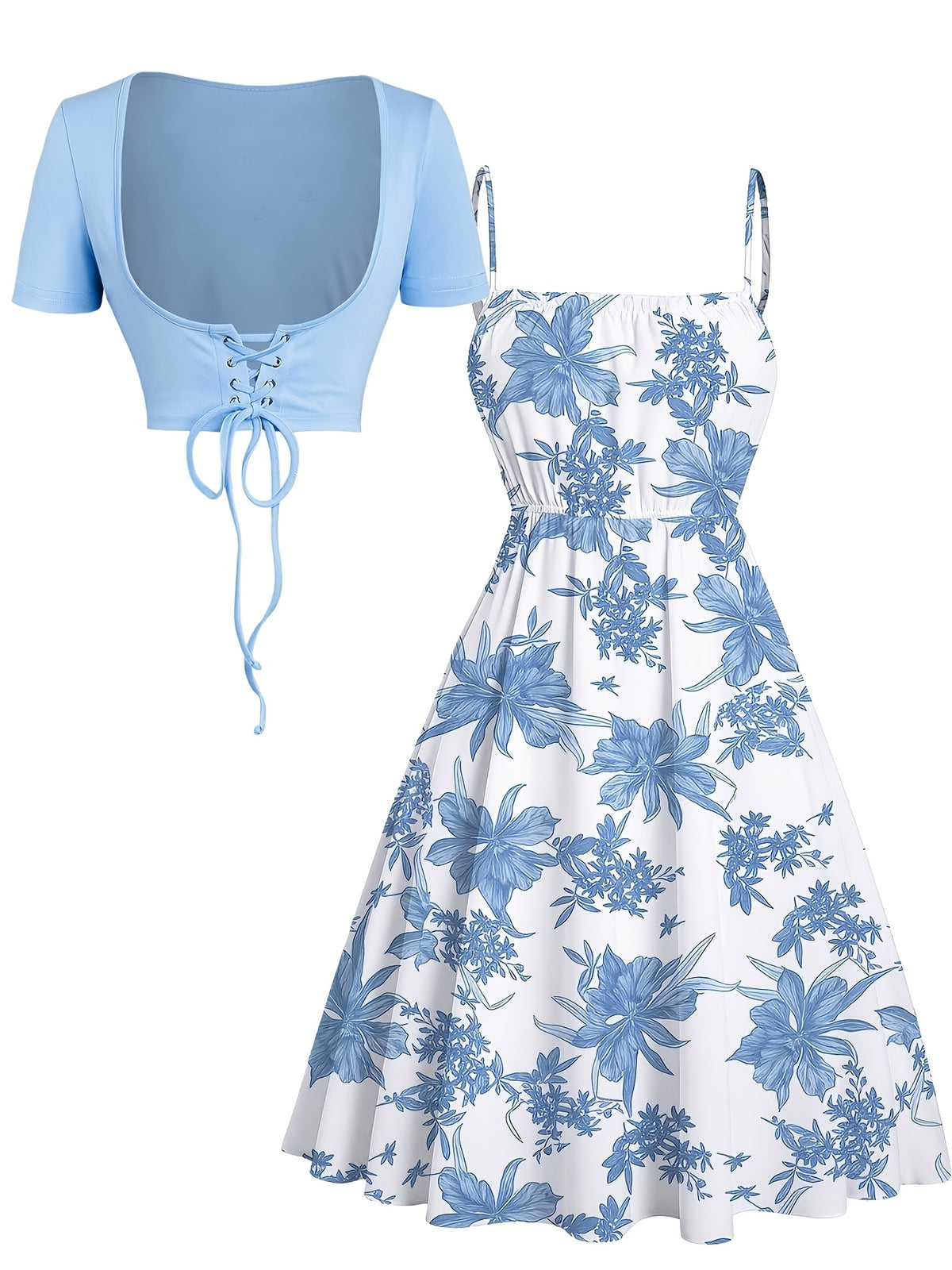 Women Floral Print Cami Dress and Lace Up Crop Top 2 Piece Set Sleeveless Waisted Summer Vacation Beach Casual Matching Outfit