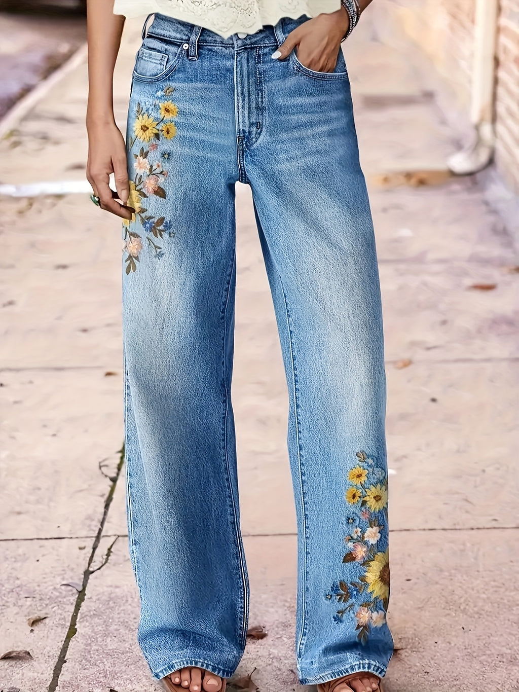 Women's High-Waisted Washed Embroidered Straight Leg Jeans Stretch Beltless Light Blue Purple All Season