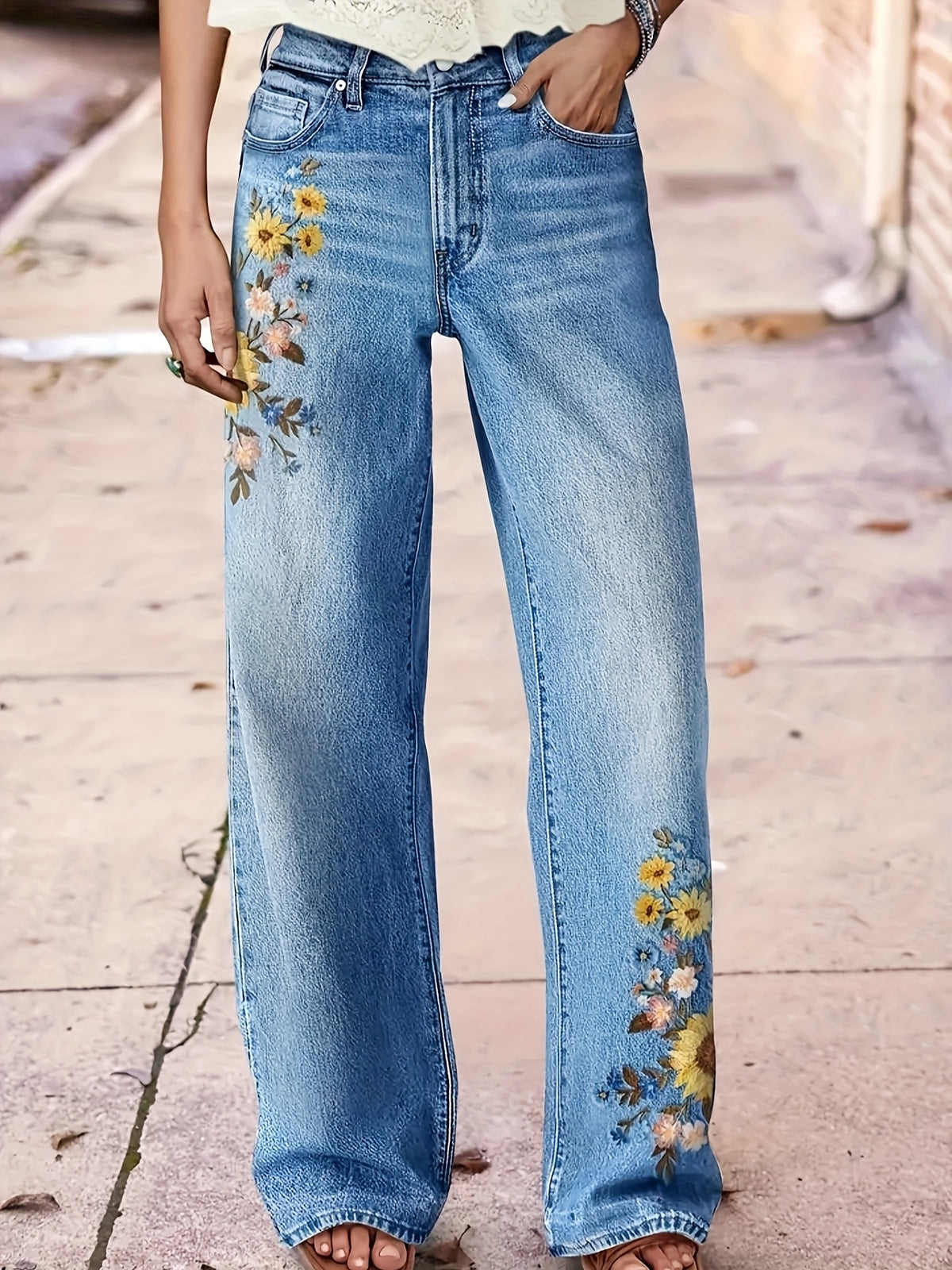 Women's High-Waisted Washed Embroidered Straight Leg Jeans Stretch Beltless Light Blue Purple All Season