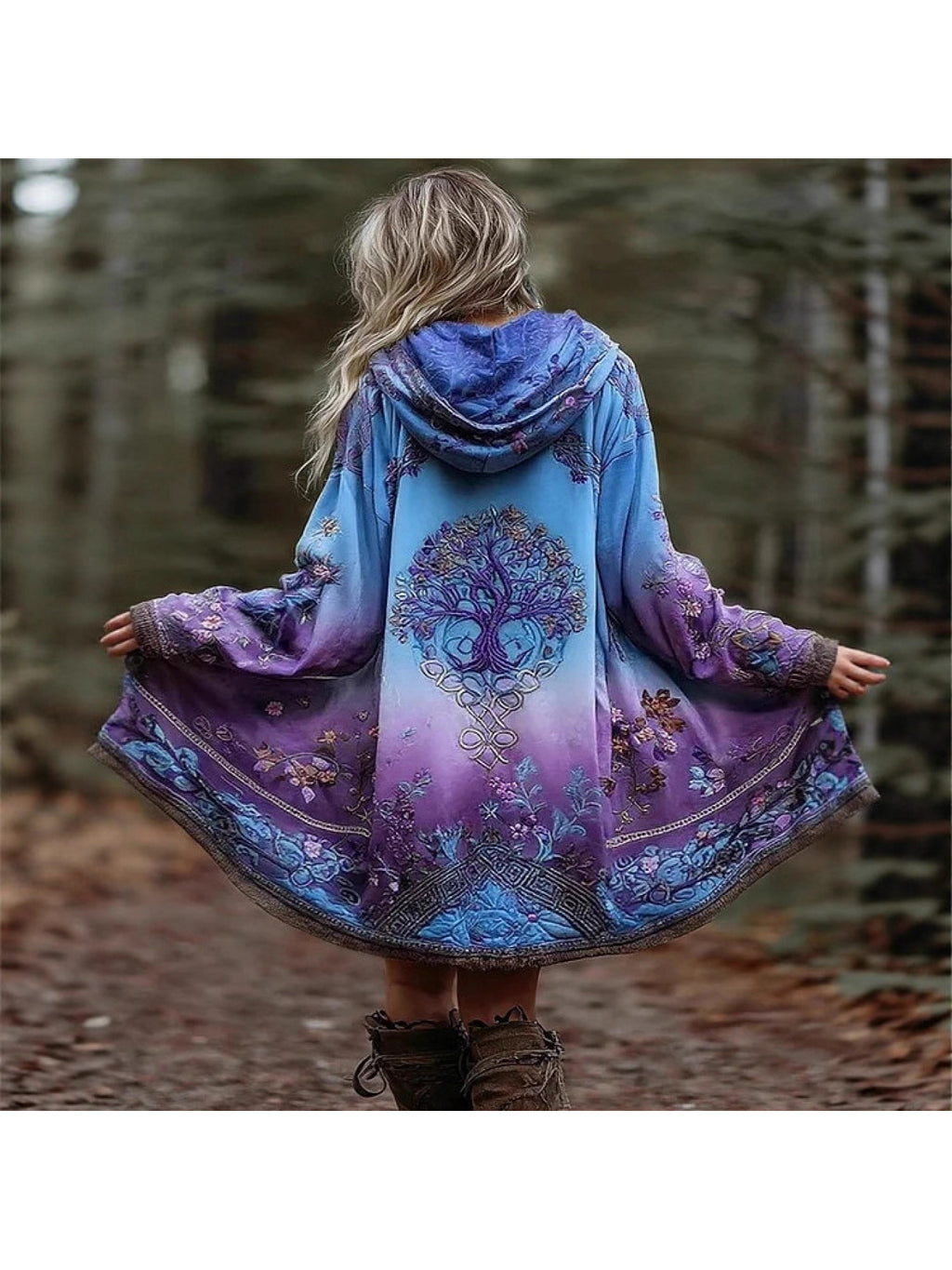 Bohemian Tree of Life Gradient Cardigan Women Hooded Oversized Printed Coat Boho Forest Vacation Photoshoot S-XXL