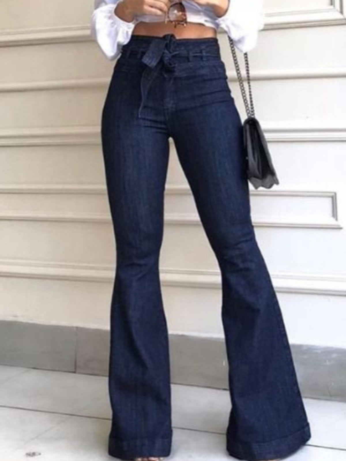 High Waist Flared Wide Leg Jeans Women Retro 70s Style Ripped Elastic Waistband Belt Accent Loose Fit Casual Cocktail Party Blue S-XXL