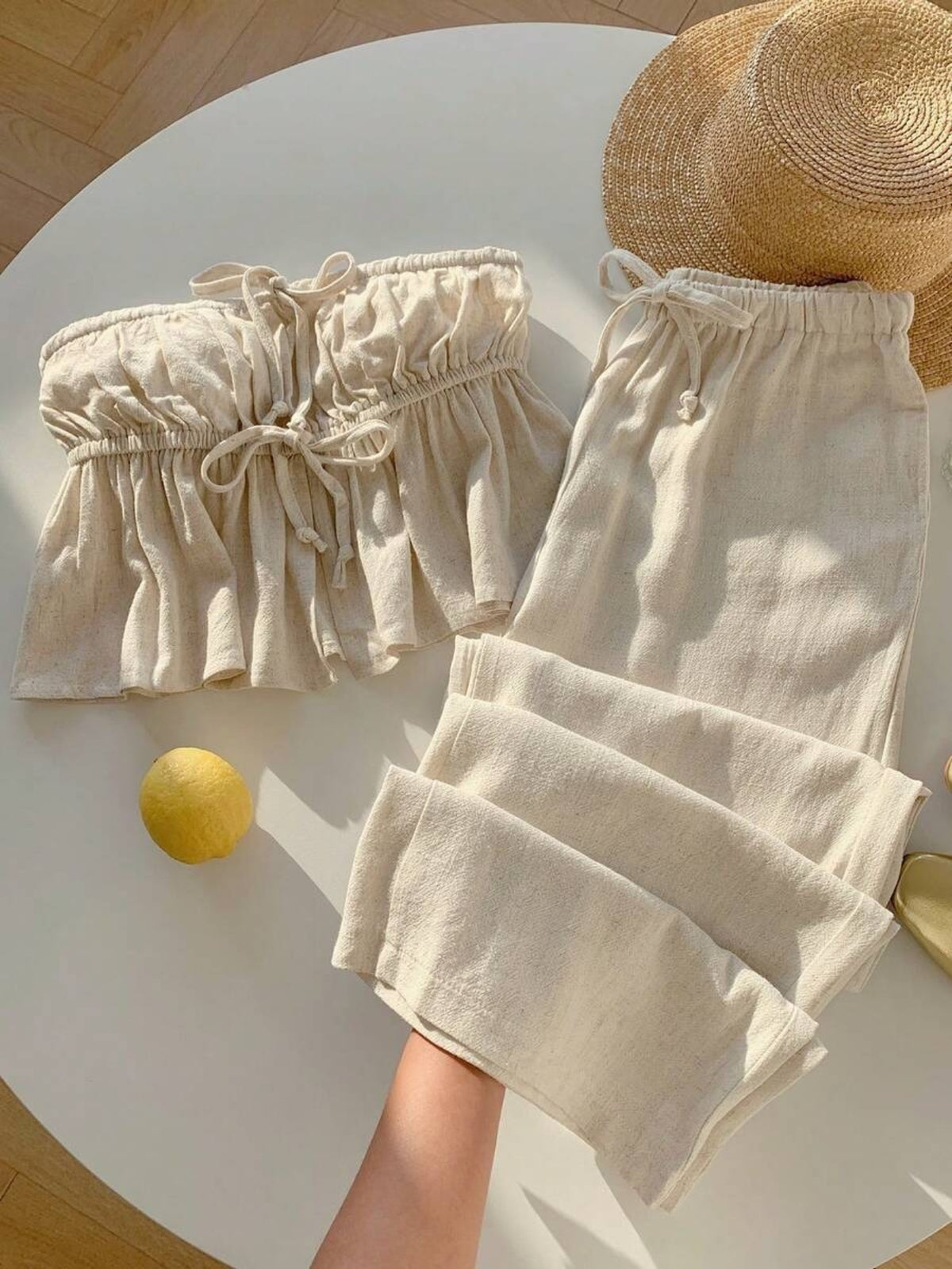 Strapless Tie Cropped Top and Wide Leg Pants 2pcs Set Women Spring Summer Vacation Casual Fresh Outfit S-XXL