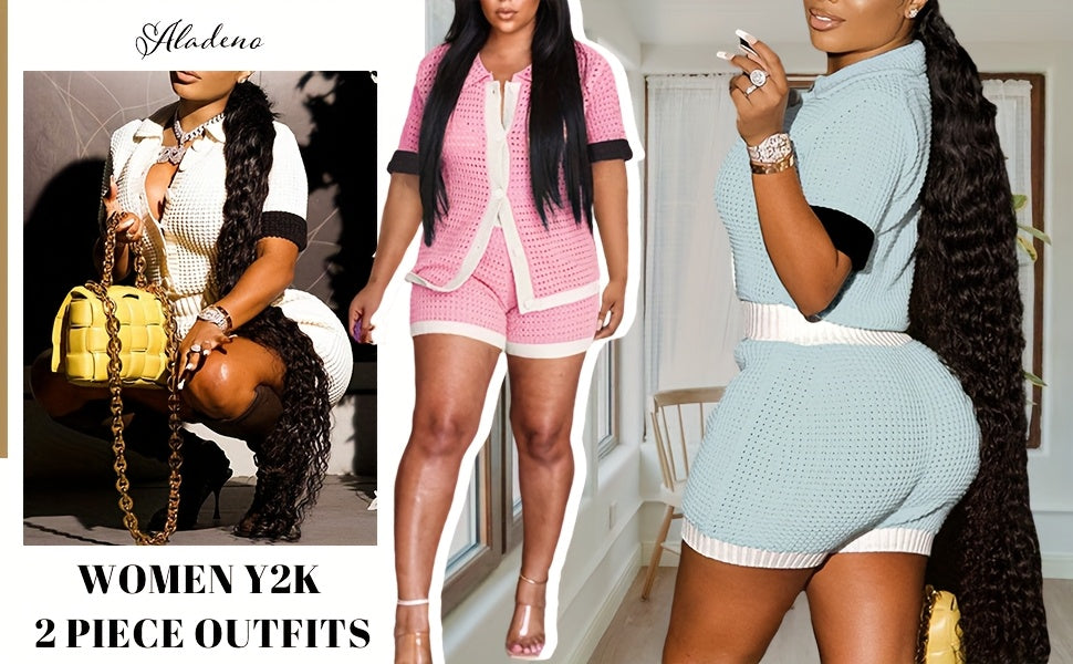 Women's Y2K Crochet 2pcs Set Color-Block Cut-Out Button Shirt & Shorts Summer Beach Club Vacation Outfit Knit Matching Set
