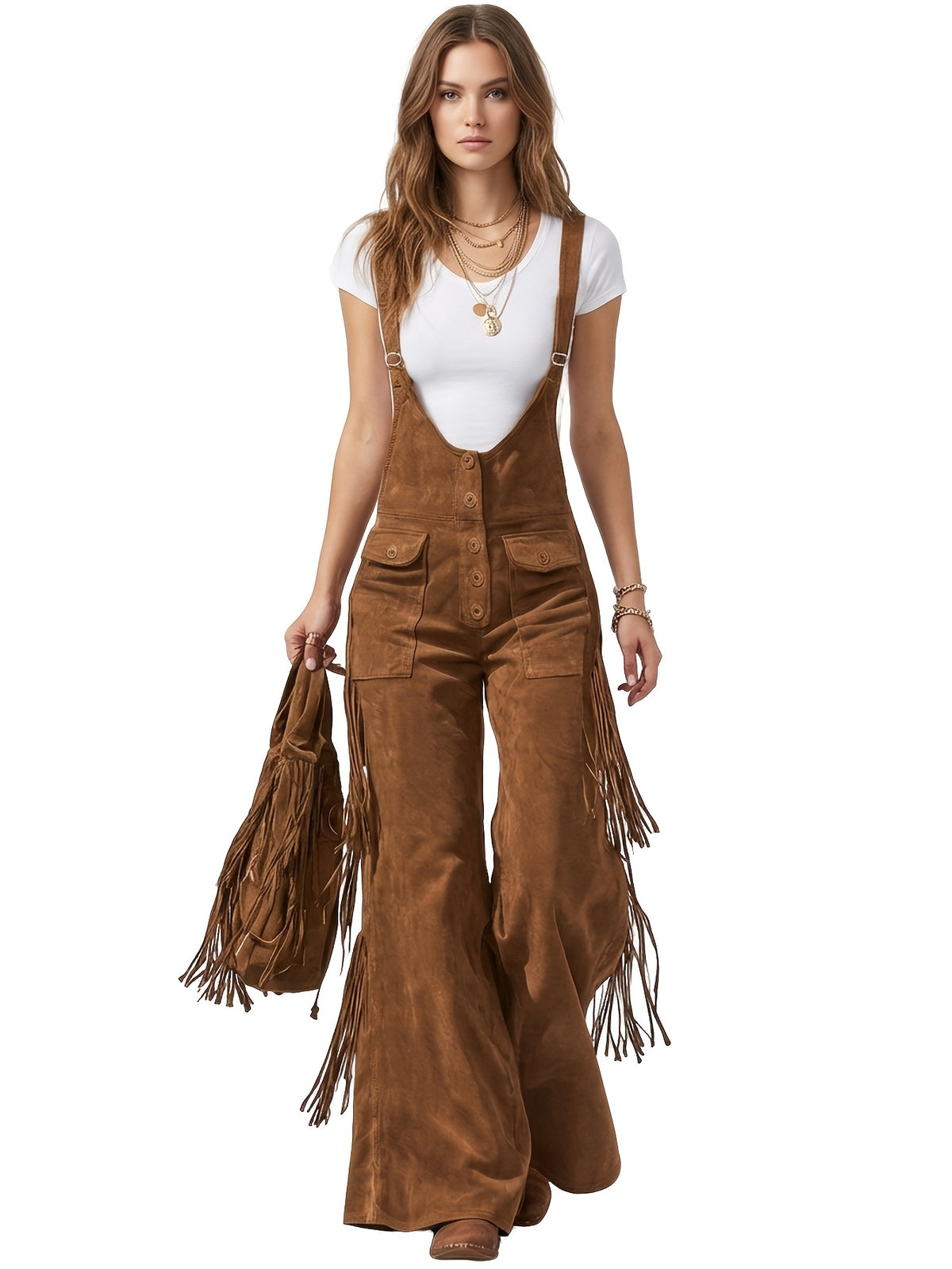 Vintage Fringe Overalls Women Wide Leg Loose Faux Suede Western Boho Festival Country Concert Halloween Costume Outfit