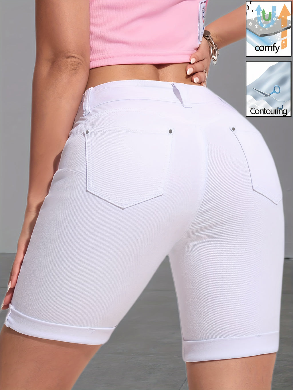White High Waist Denim Shorts for Women - Double Breasted Button Fly, Multi-Rivet Detail, Butt Lift High Stretch Fabric, Flattering Casual Summer Jean Shorts