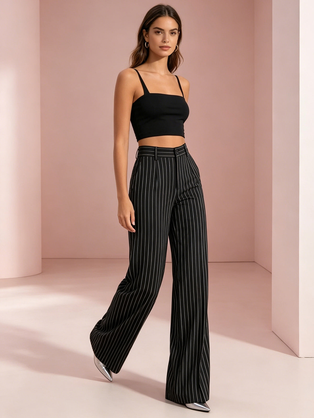 Striped Wide Leg Pants 2 Piece Set Women - High Waist Loose Fit Elegant Casual Outfit with Asymmetrical Pockets, All Season Polyester Machine Washable Work & Daily Fashion Set