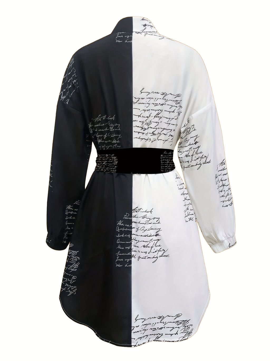 Black White Contrast Shirt Dress Women Waist Tie Polo Collar Long Sleeve A-Line Printed Midi Dress | Daily Wear