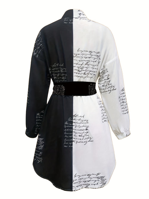 Black White Contrast Shirt Dress Women Waist Tie Polo Collar Long Sleeve A-Line Printed Midi Dress | Daily Wear