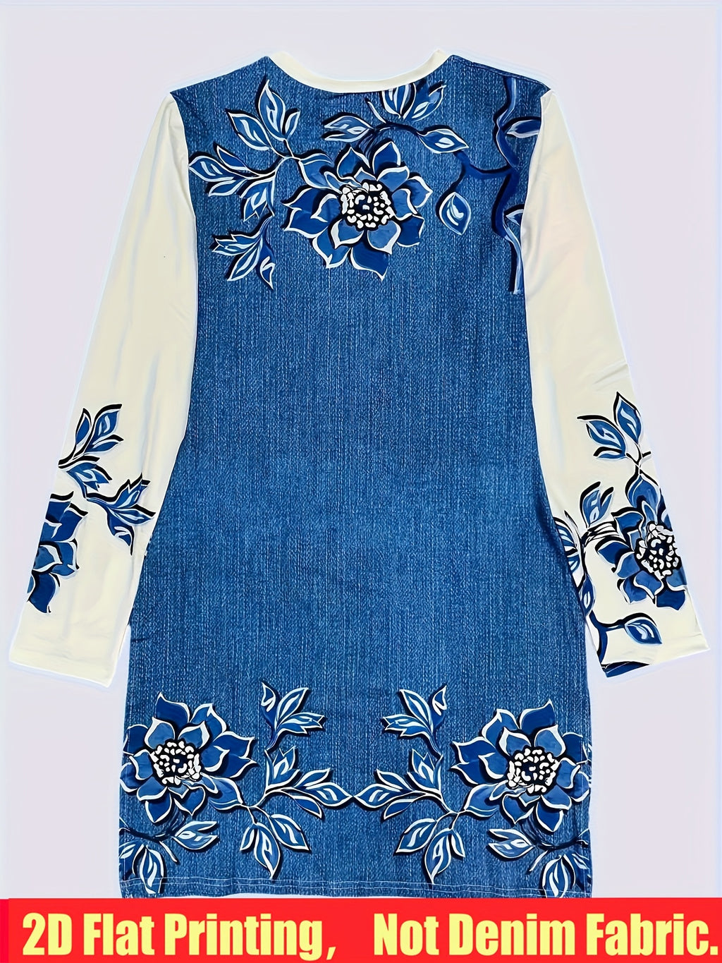 Denim Print Slit Dress Women Casual Elegant Midi Dress Youthful Stretchy Spring Fall Event Dress S-XXL