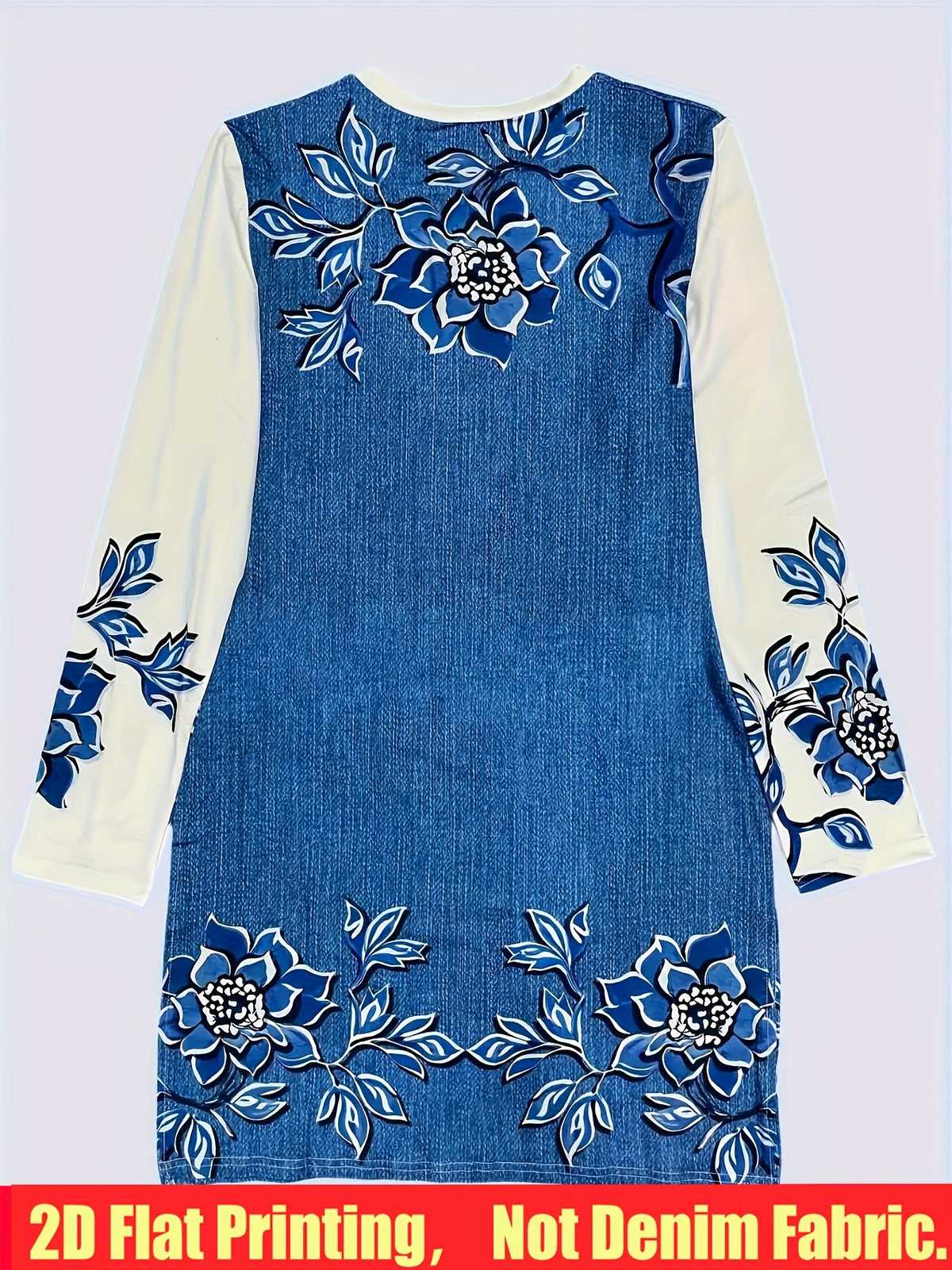 Denim Print Slit Dress Women Casual Elegant Midi Dress Youthful Stretchy Spring Fall Event Dress S-XXL