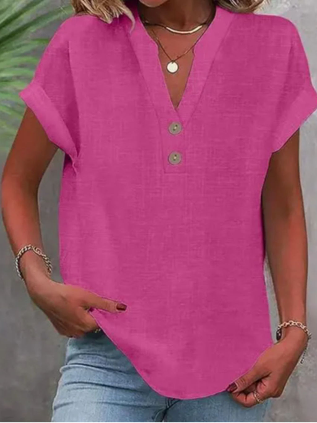 V-Neck Button Placket Tee Women Solid Color Short Sleeve Casual Summer Top Lightweight Breathable 15 Colors S-XXL