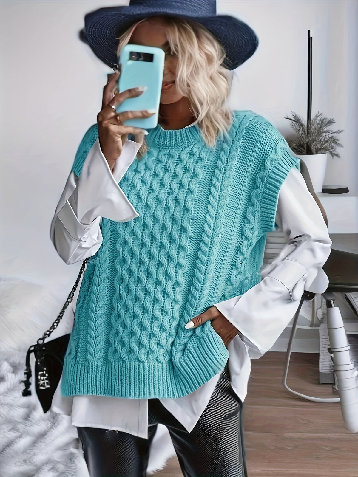 Cable Knit Sweater Vest Women Sleeveless Round Neck Slit Hem Solid Color Layering Top - Casual Semi-Formal Acrylic Knitwear Spring Summer Fall