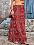 Ethnic Print Boho Midi Skirt Women Casual Floral Summer Flowy A-Line Vacation Skirt Red S-XXL