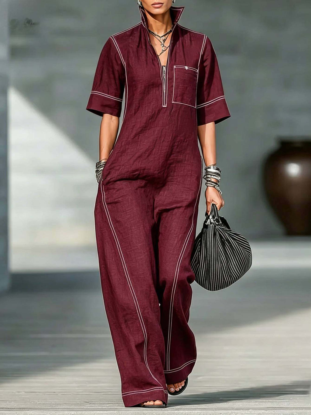 Wide-Leg Jumpsuit for Women White Line Decorative Sleeveless Elegant Street Style Casual One Piece Outfit Summer Fashion S-XXL