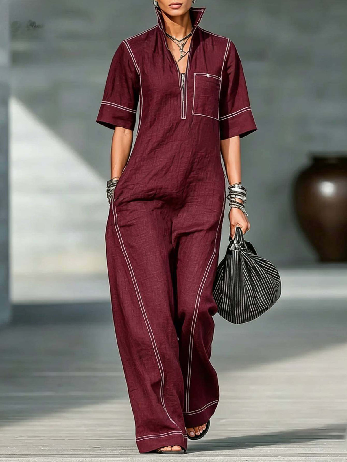 Wide-Leg Jumpsuit for Women White Line Decorative Sleeveless Elegant Street Style Casual One Piece Outfit Summer Fashion S-XXL