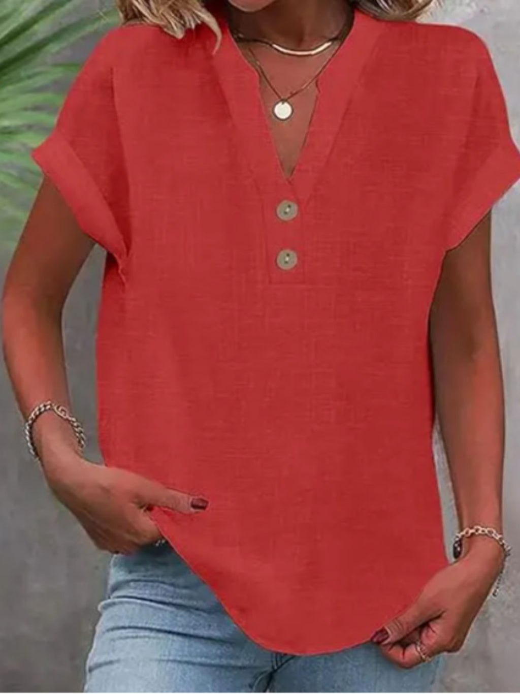 V-Neck Button Placket Tee Women Solid Color Short Sleeve Casual Summer Top Lightweight Breathable 15 Colors S-XXL