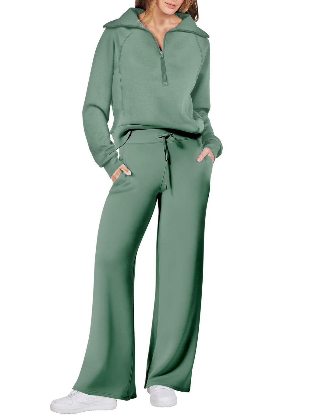 Zipper Sweatshirt Wide-Leg Pants 2 Piece Set Women Casual Tracksuit Outfit for Spring Fall - Loose Fit Jogger Co-ord Set