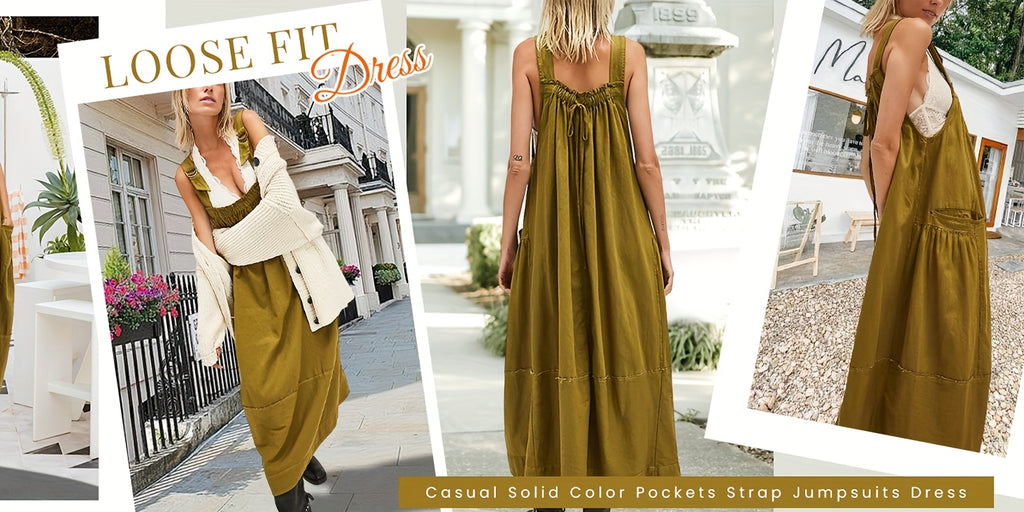 Overall Dress Women Loose Adjustable Strap Midi Length Big Pockets Workwear Casual Bib Jumper Dress Spring Summer S M L XL XXL
