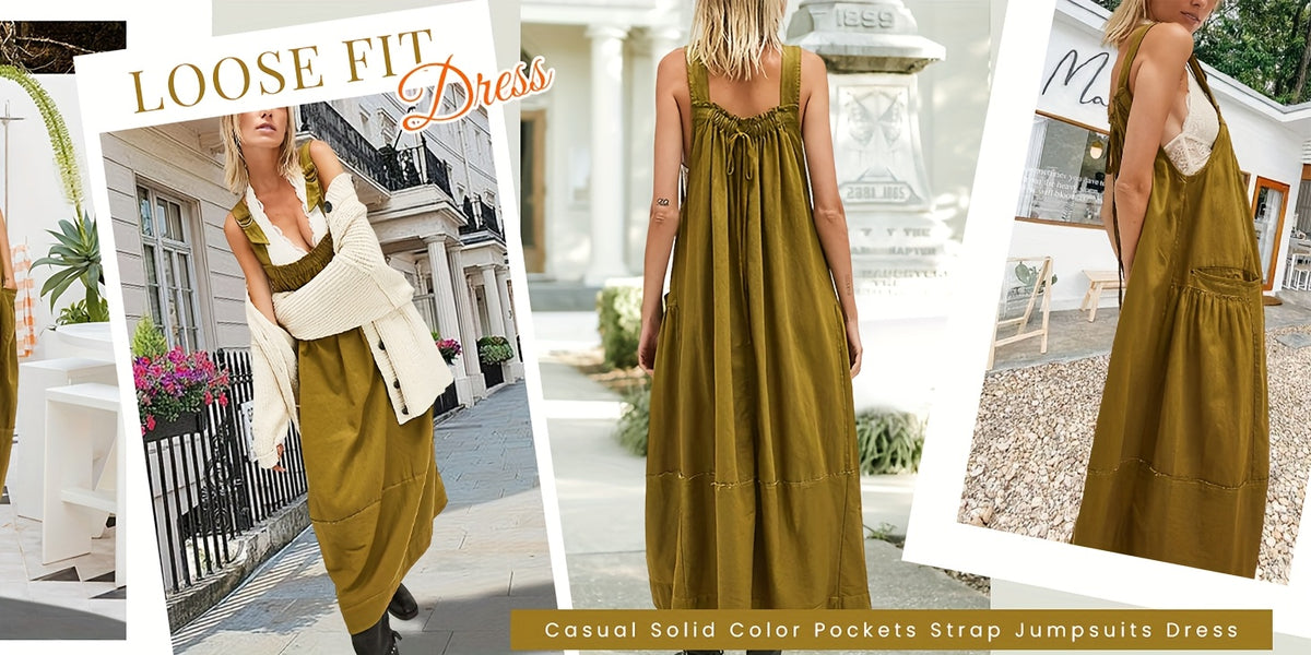 Overall Dress Women Loose Adjustable Strap Midi Length Big Pockets Workwear Casual Bib Jumper Dress Spring Summer S M L XL XXL