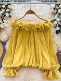 Women's Off-Shoulder Chiffon Blouse Ruffle Edge Long Sleeve Loose Fit Elegant Top Casual Spring Summer