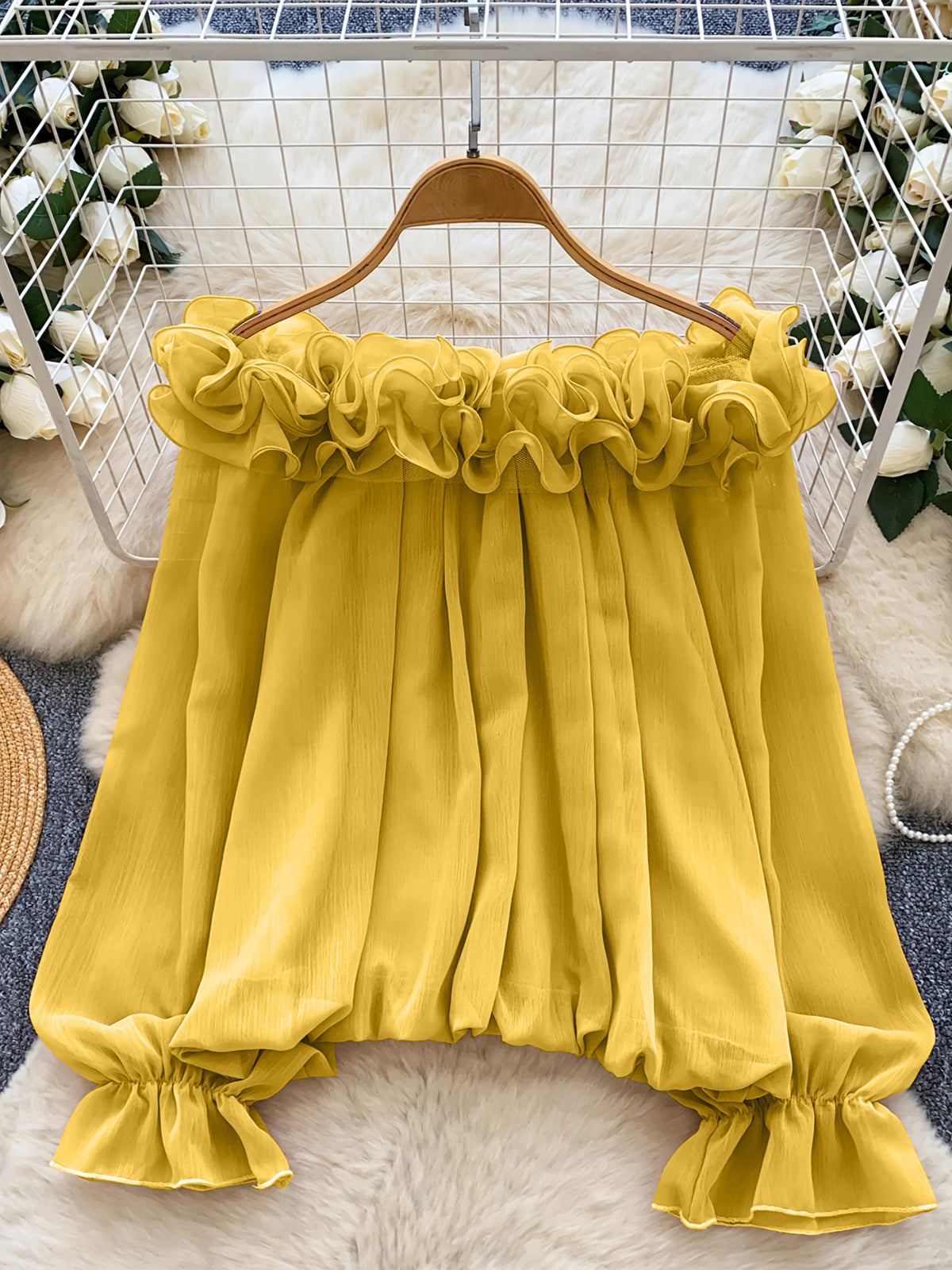 Women's Off-Shoulder Chiffon Blouse Ruffle Edge Long Sleeve Loose Fit Elegant Top Casual Spring Summer