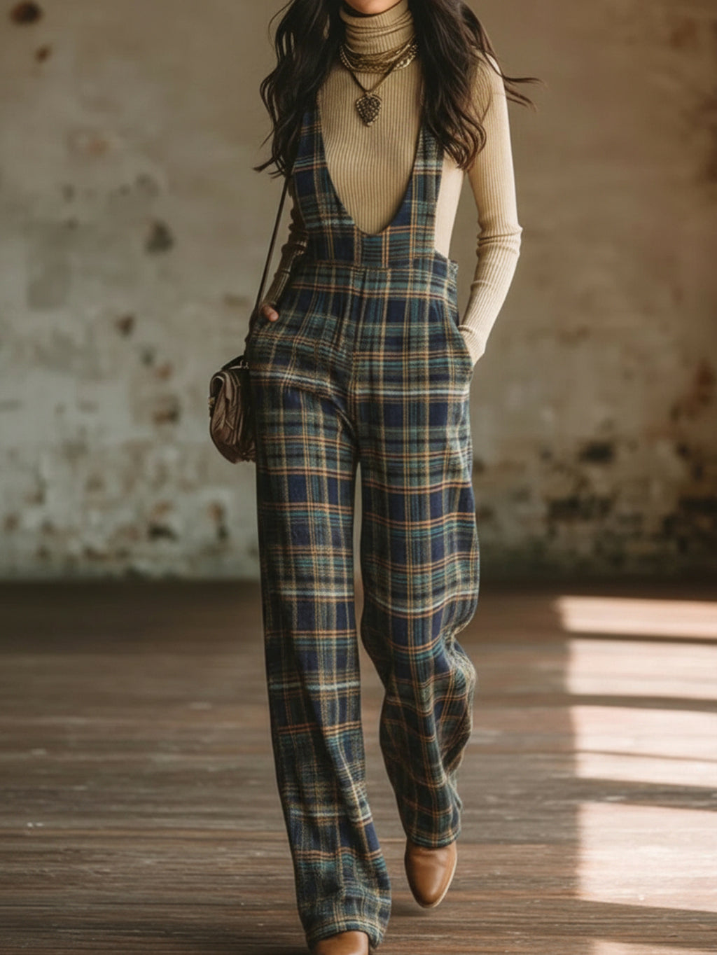 Plaid Wide Leg Jumpsuit Women Deep V Sleeveless Retro Tartan Overalls Pockets Boho Casual Fall Winter Daily Weekend