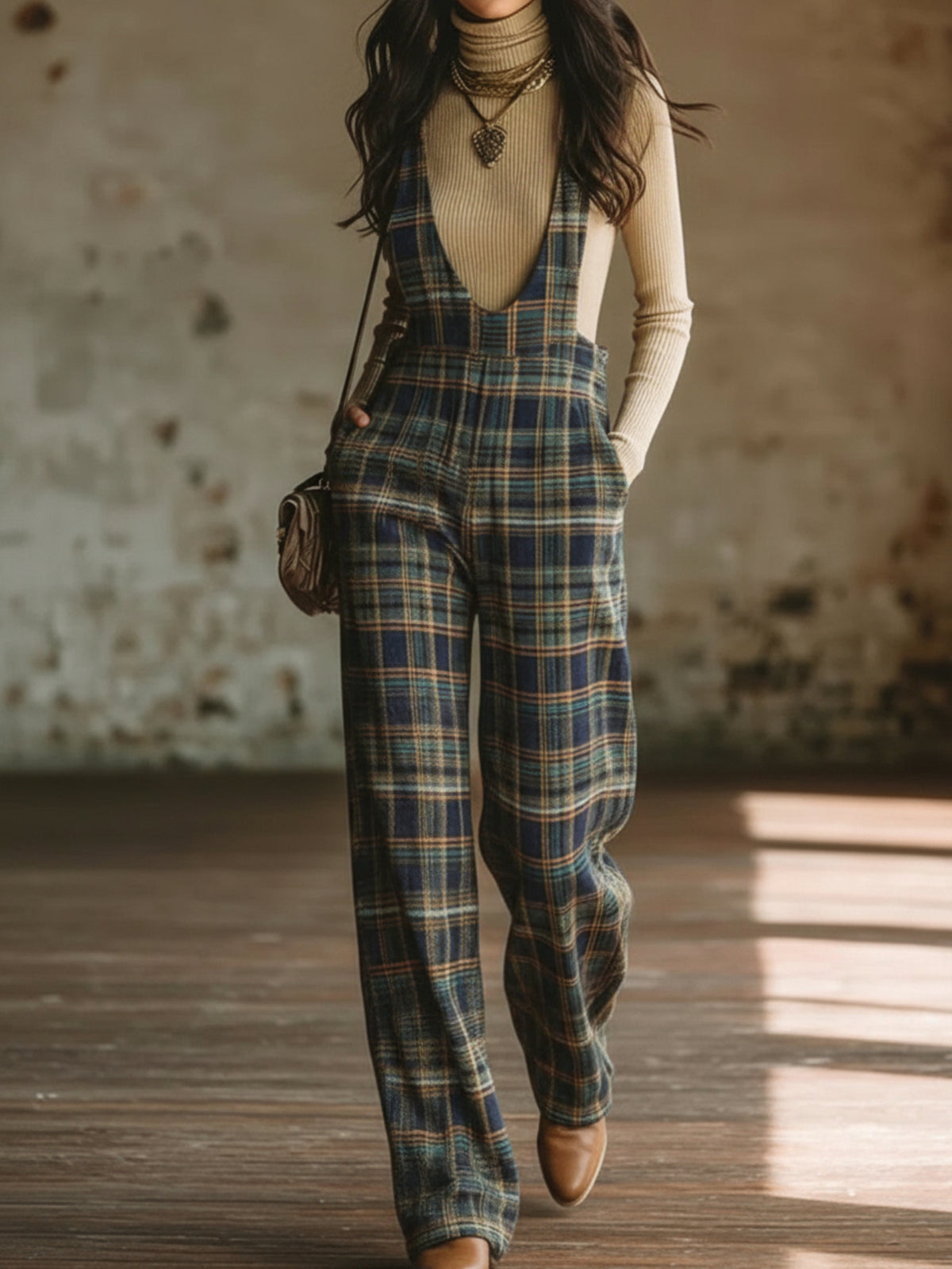 Plaid Wide Leg Jumpsuit Women Deep V Sleeveless Retro Tartan Overalls Pockets Boho Casual Fall Winter Daily Weekend