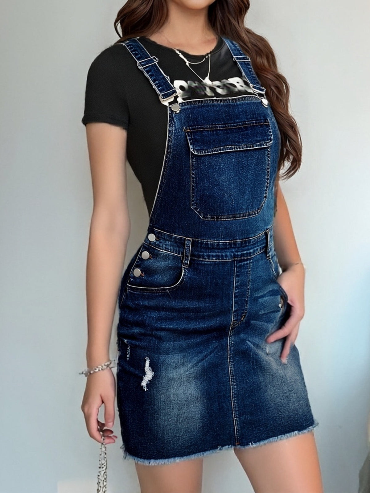 Women Stretch Denim Overall Skirt Adjustable Shoulder Straps Distressed Ripped Raw Hem Front Back Pockets Mid Length Medium Blue S-XL