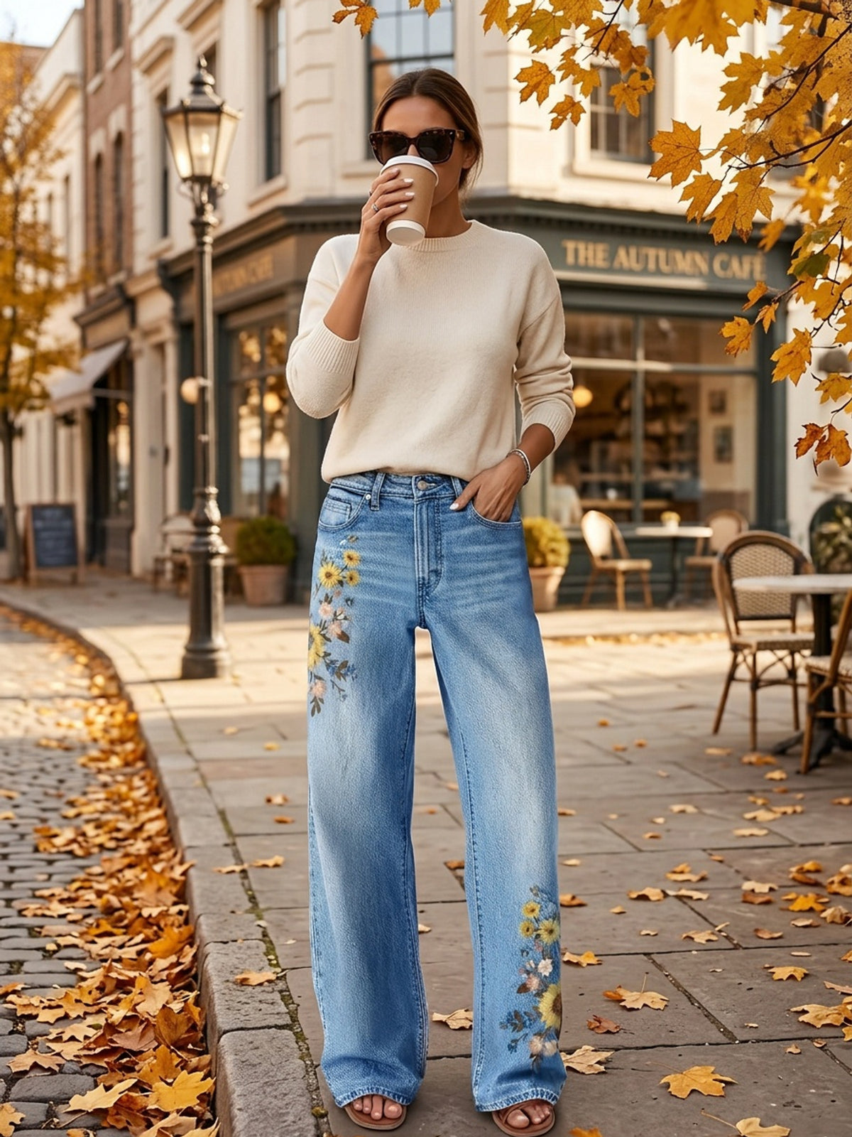 Women's High-Waisted Washed Embroidered Straight Leg Jeans Stretch Beltless Light Blue Purple All Season