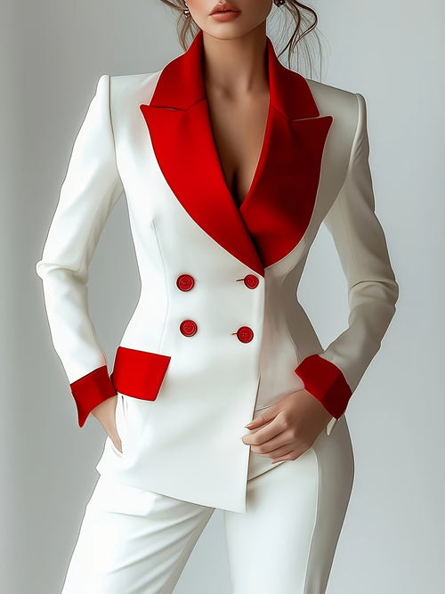 Contrast Color Double Breasted Blazer for Women Formal Lapel Suit Jacket Elegant Office Workwear