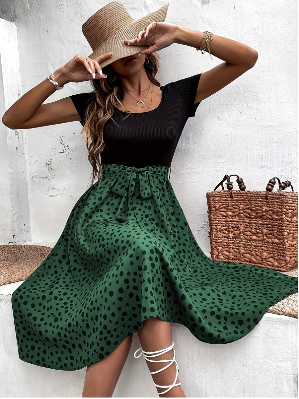 Polka Dot Bow Tie Patchwork Mini Dress Women Crewneck Fit and Flare Short Sleeve Casual Summer Dress