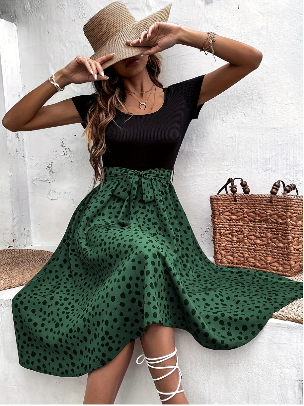 Polka Dot Bow Tie Patchwork Mini Dress Women Crewneck Fit and Flare Short Sleeve Casual Summer Dress
