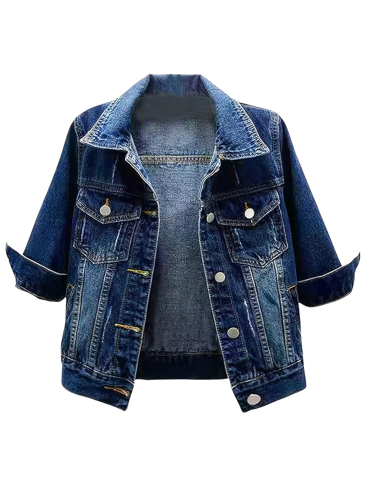 Vintage Wash Cropped Denim Jacket Women Slim Fit Button-Up Casual Spring Fall Layering Dark Blue Medium Blue S-XXL