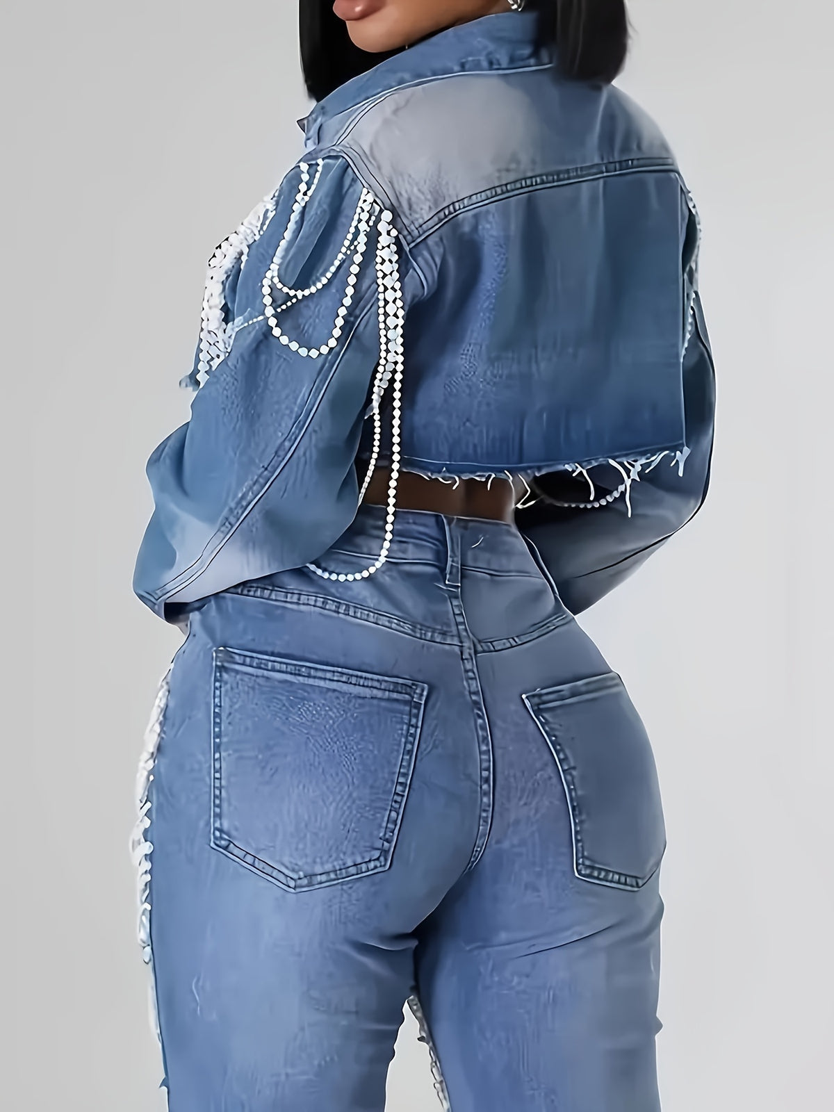 Women's Pearl Decorated Denim Jacket A-Line Waist-Hugging Short Coat Square Neck Vintage Retro Washed Loose Jean Outerwear Spring Fall