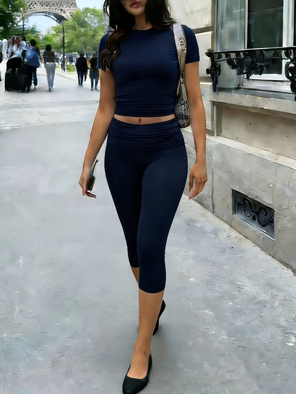 Crop Tee & 7/8 Pants 2-Piece Set for Women – Solid Color Round Neck Short T-Shirt & Low-Waist Matching Outfit, Casual Everyday Knit Set