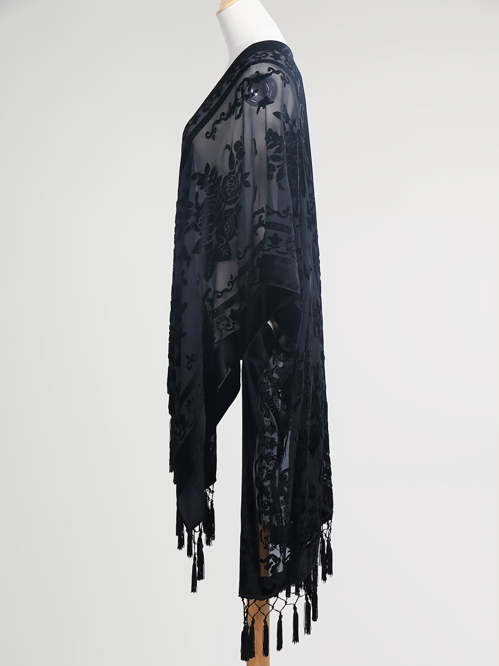 Boho Burnout Velvet Kimono Women Long Cardigan Cover Up Tassel Floral Embroidered One Size