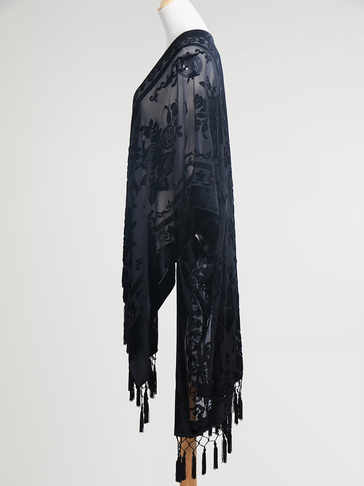 Boho Burnout Velvet Kimono Women Long Cardigan Cover Up Tassel Floral Embroidered One Size