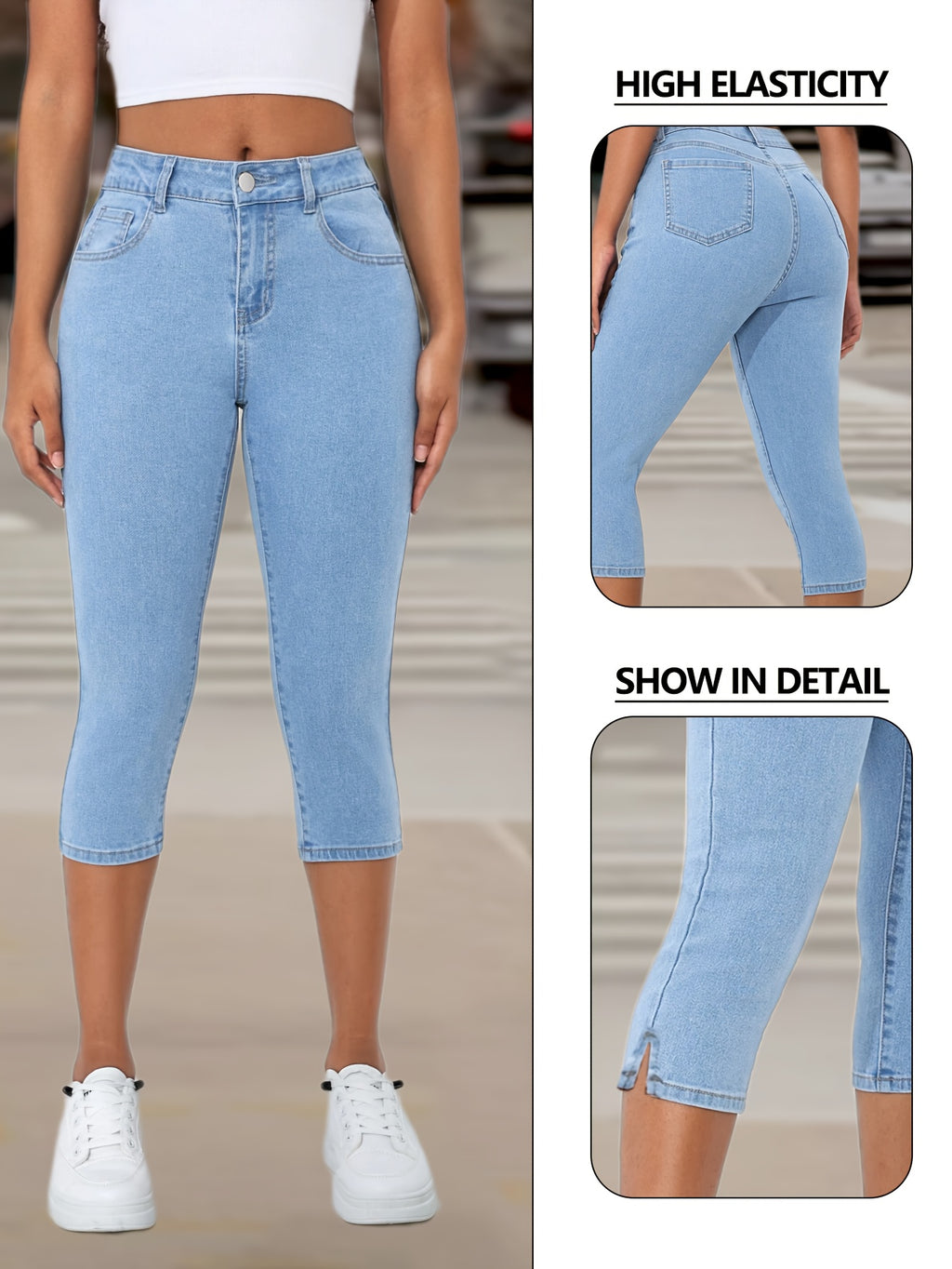 Light Blue High Waist Stretch Denim Capri Pants for Women - Ankle Length Bootcut Flare Leg, Tummy Control Slim Fit Split Hem, Casual Chic Elastic Waist All Season Jean Pants