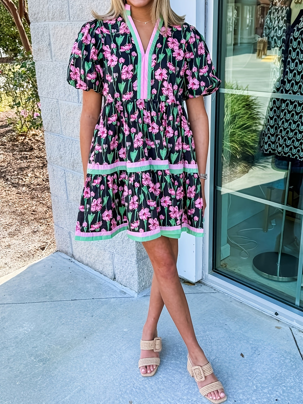 Puff Sleeve Floral Mini Dress Women Boho V-Neck Loose Flared Hem Lightweight Beach Vacation Dress Summer S-XXL
