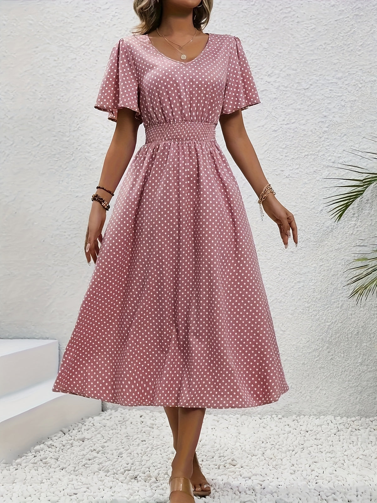 Polka Dot Swing Dress Women V-Neck Ruffled Sleeve Casual Long Dress Waist Enhancing Spring Summer Lightweight Pale Pink Gray Light Blue Green S-XXL