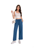 Women Denim Elastic Waist Wide Leg Pull-On Pants with Pockets Stretchy Casual Jean Pants Blue White S-XL