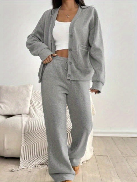 Women's 2-Piece Cardigan Jacket Wide-Leg Sweatpants Set Light Gray Button-Up Casual Loungewear Minimalist Autumn Winter Relaxed Outfit S-XXL