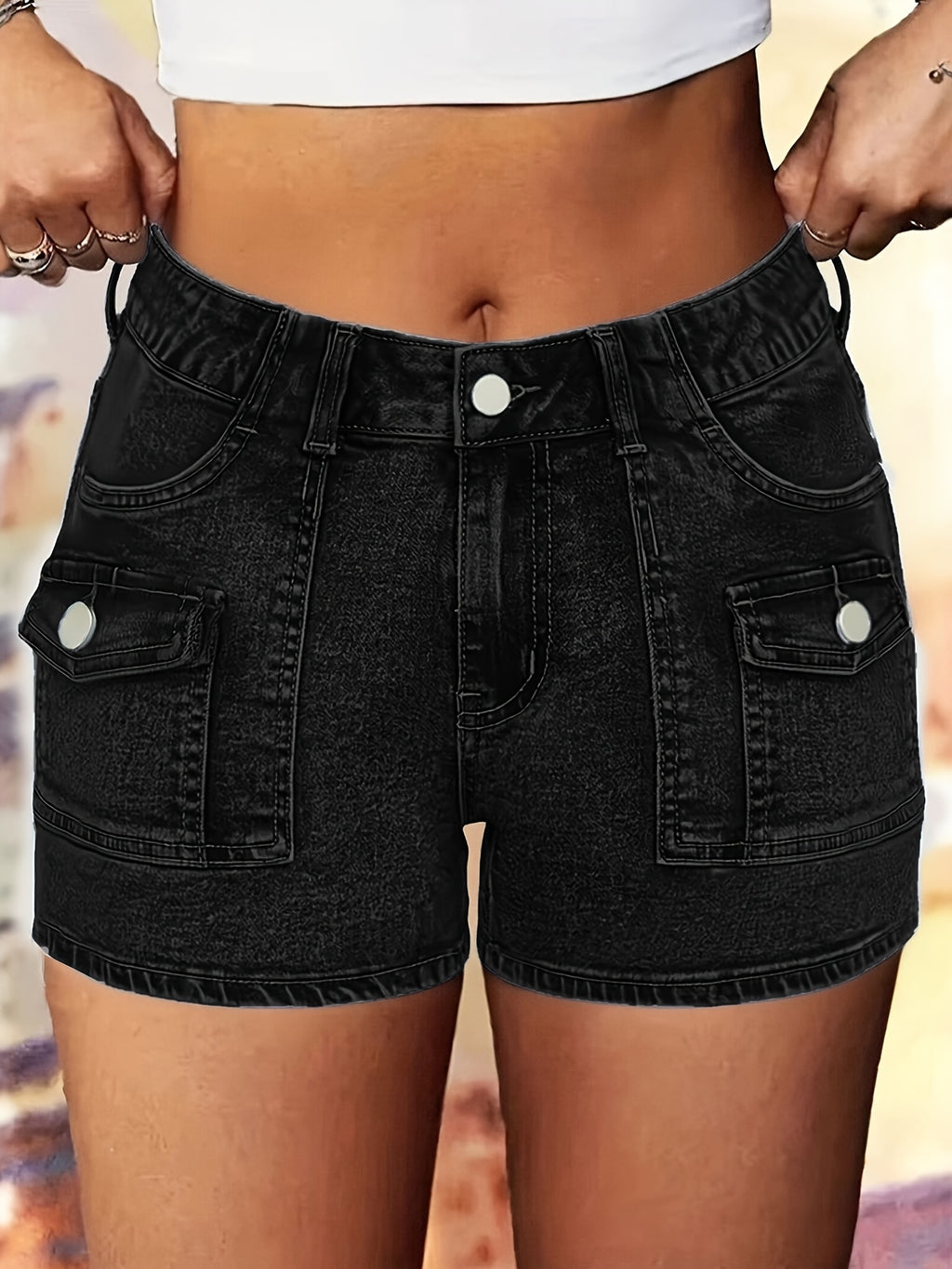 Workwear Denim Shorts Women Multiple Pockets Elastic Washed Retro Style Button Decoration Fine Stitching Casual Comfortable Blue Black Light Blue